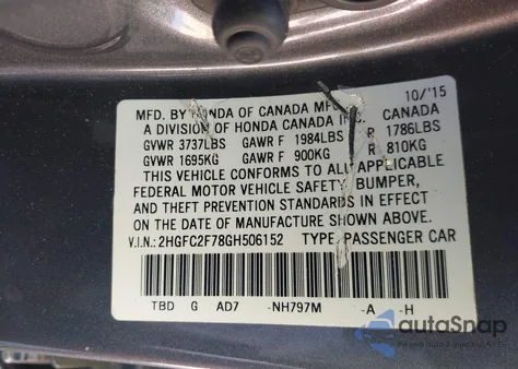 2016 Honda Civic Ex from USA, damaged, VIN 2HGFC2F78GH506152